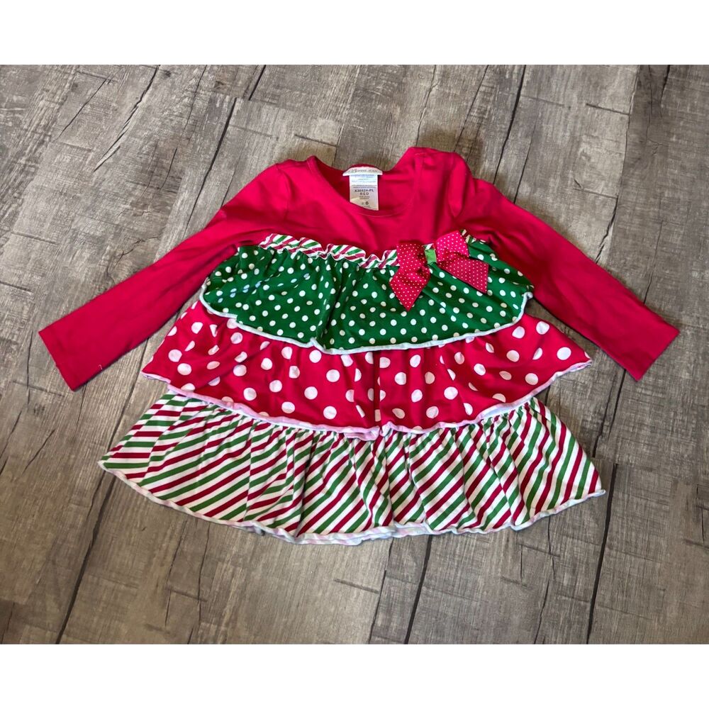 Bonnie Jean Girls Christmas‎ Ruffle Dress Red Green Polka Dot Stripes Size 6